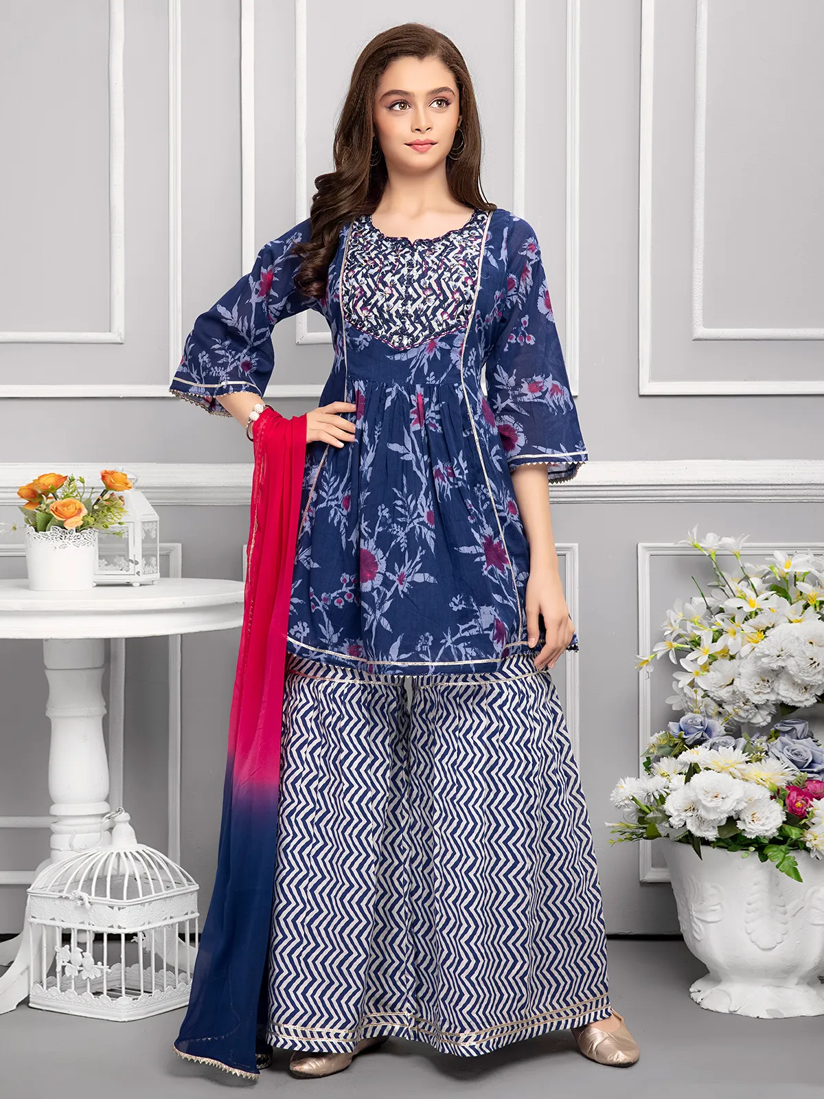 Blue and white cotton sharara set