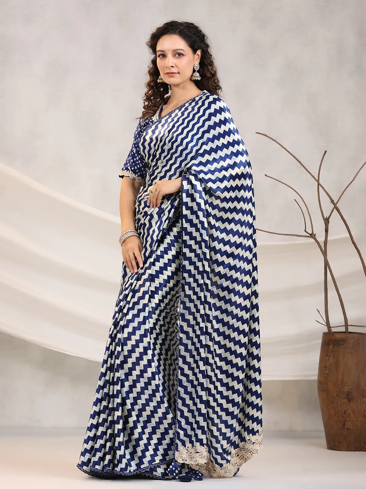 Blue and white muslin silk saree