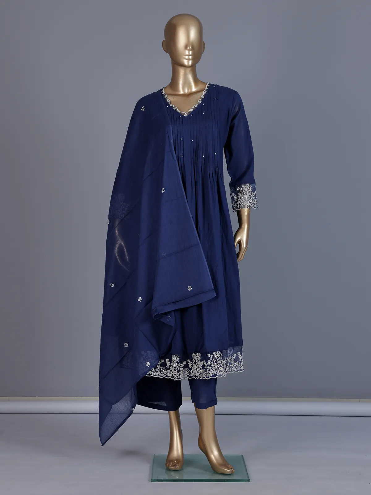 Blue cotton embroidered festive kurti set with dupatta