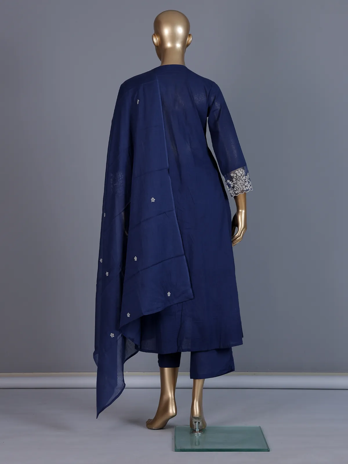 Blue cotton embroidered festive kurti set with dupatta