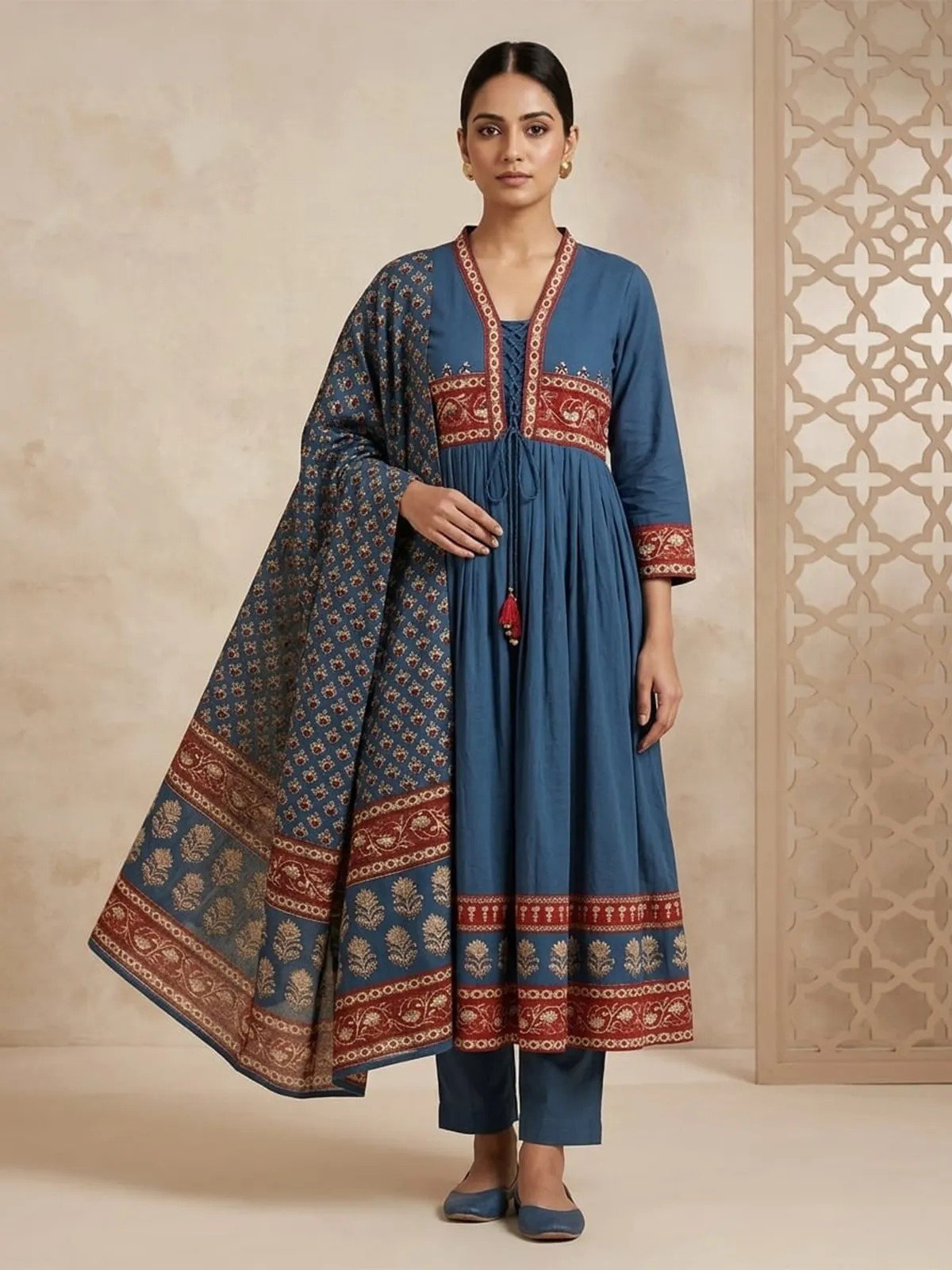 cotton anarkali dress with dupatta Blue Cotton Silk Anarkali Kurti Set With Dupatta