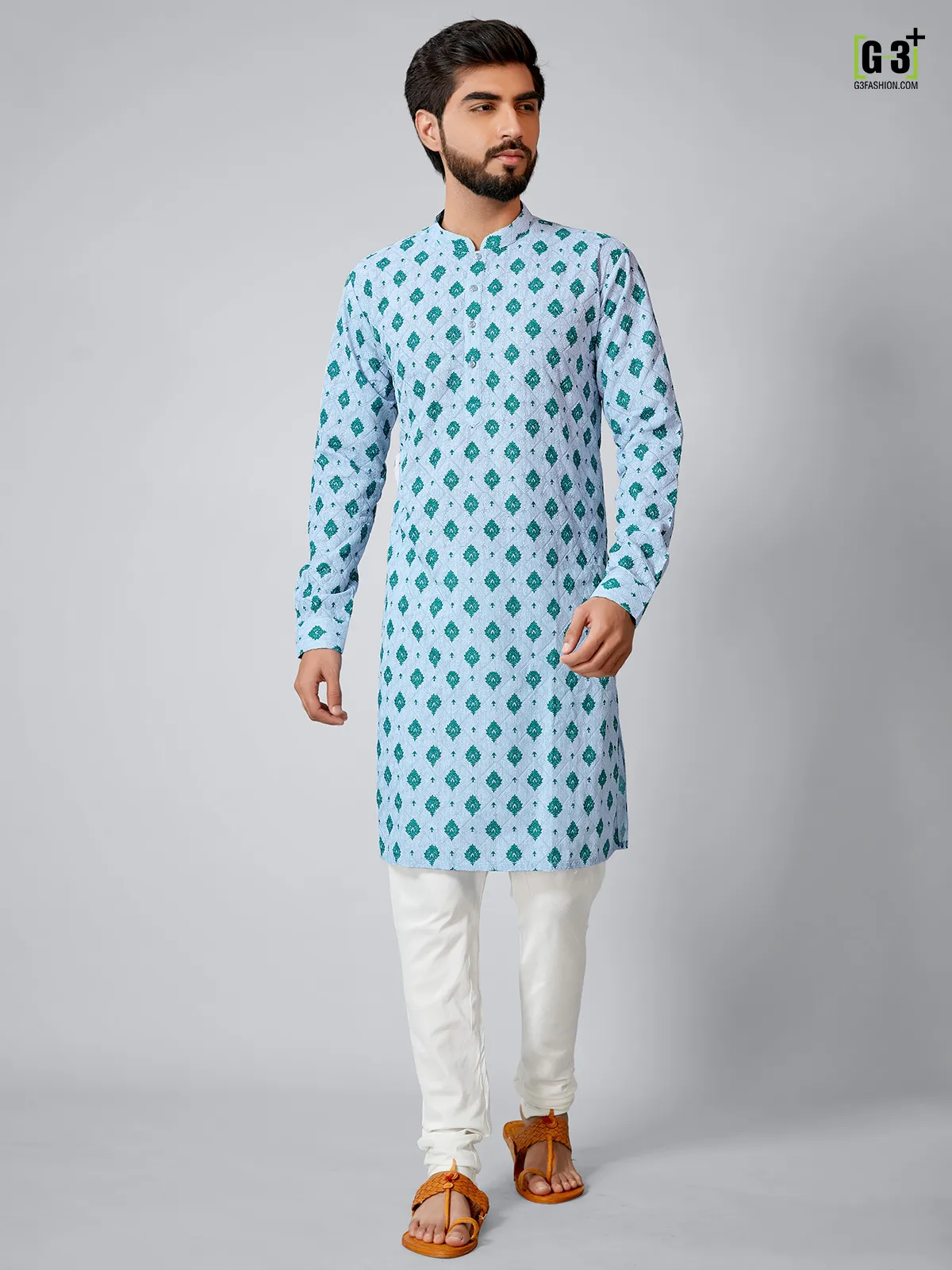 Blue cotton silk kurta set for festive seasons