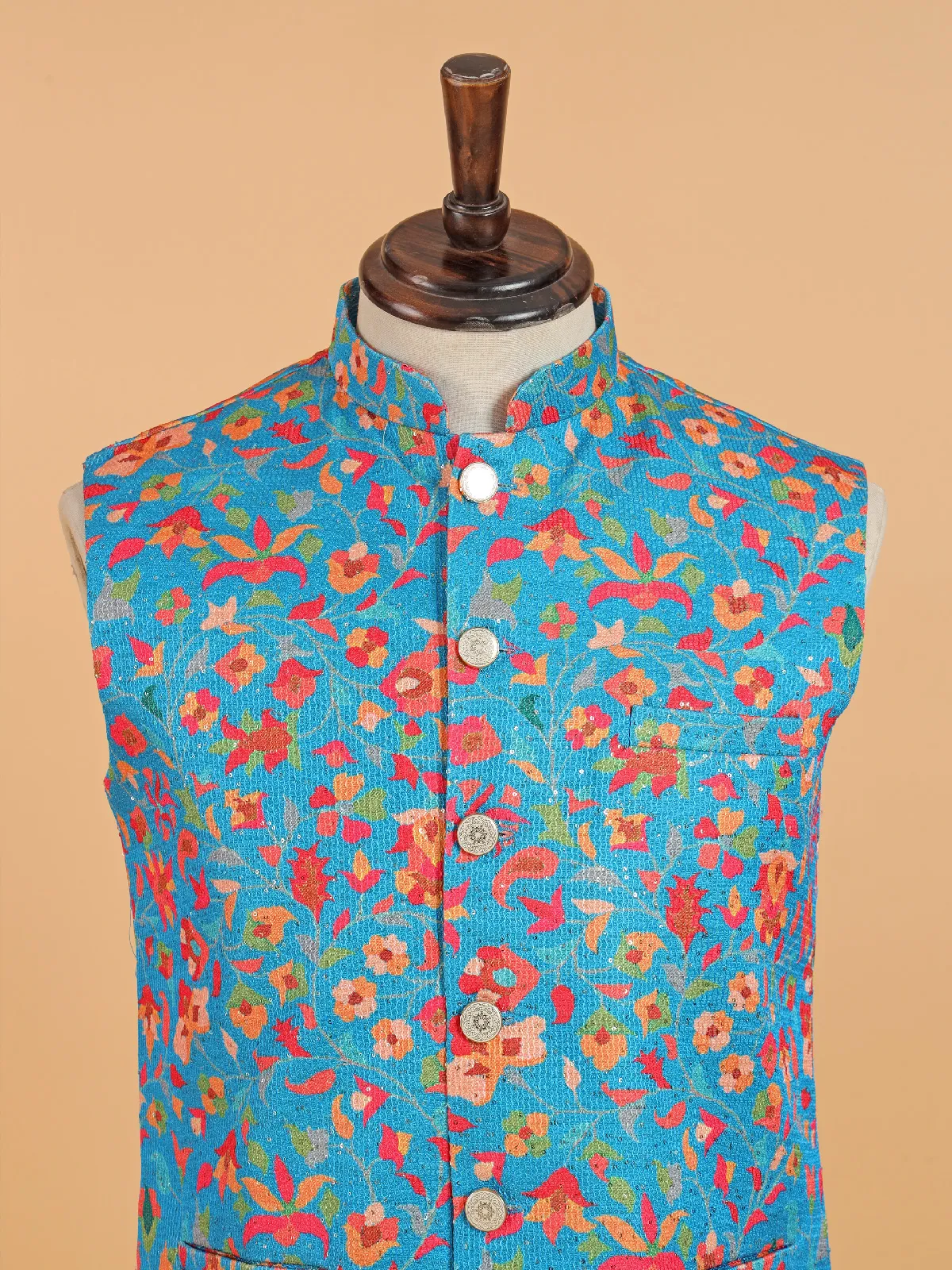 Blue cotton silk waistcot set for men