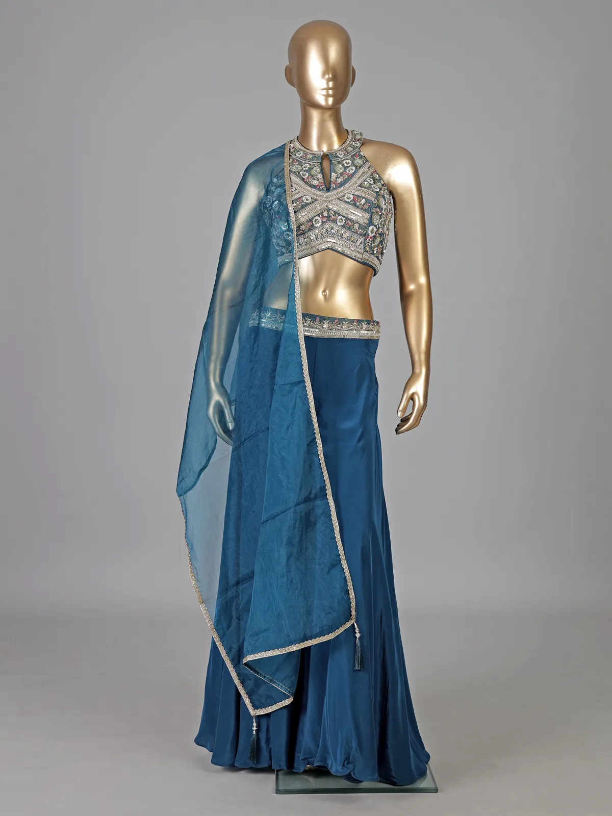 Blue crepe silk pearl and zardosi designer palazzo suit