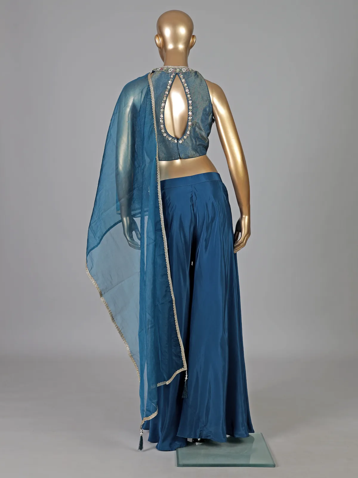 Blue crepe silk pearl and zardosi designer palazzo suit