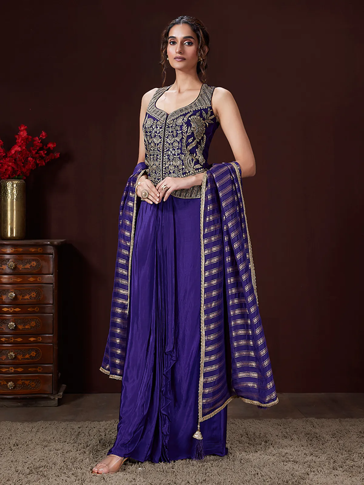 Purple crepe women indowestern suit with dupatta