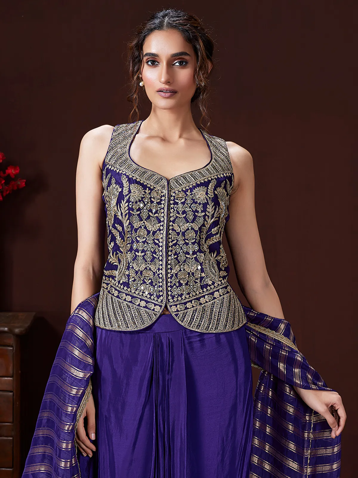 Purple crepe women indowestern suit with dupatta