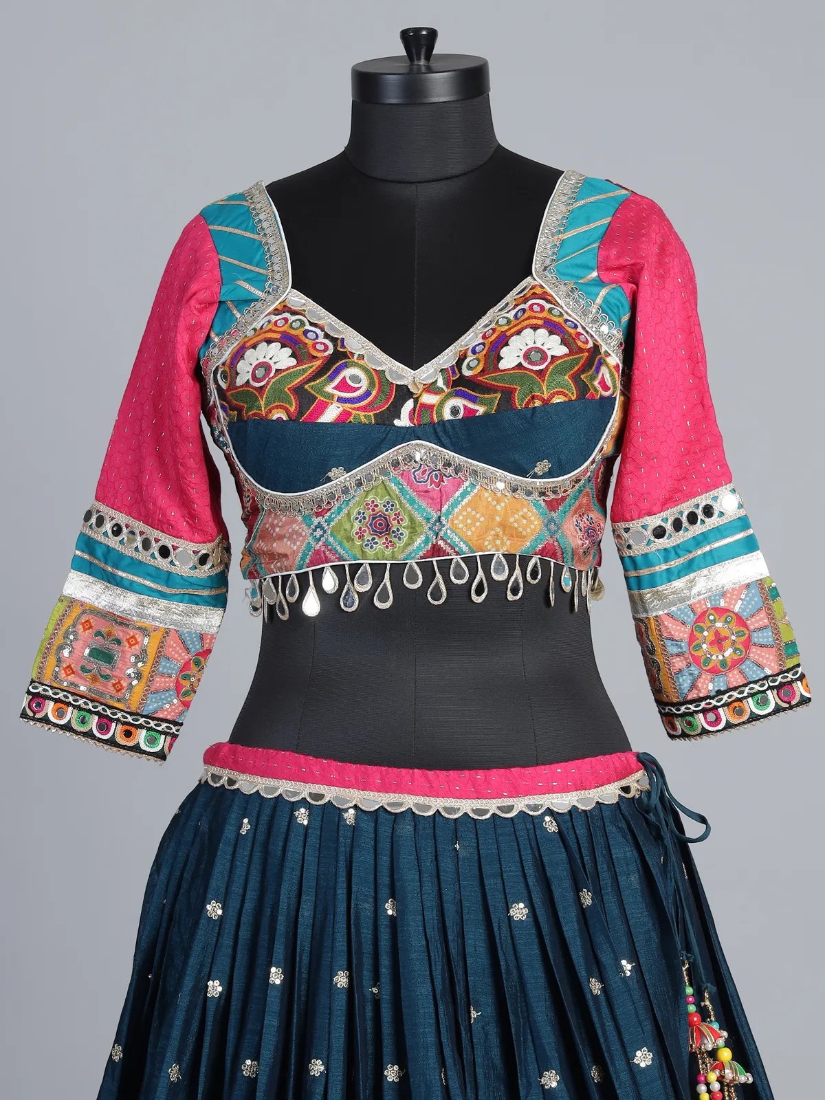 Blue embroidered silk garba lehenga choli with dupatta