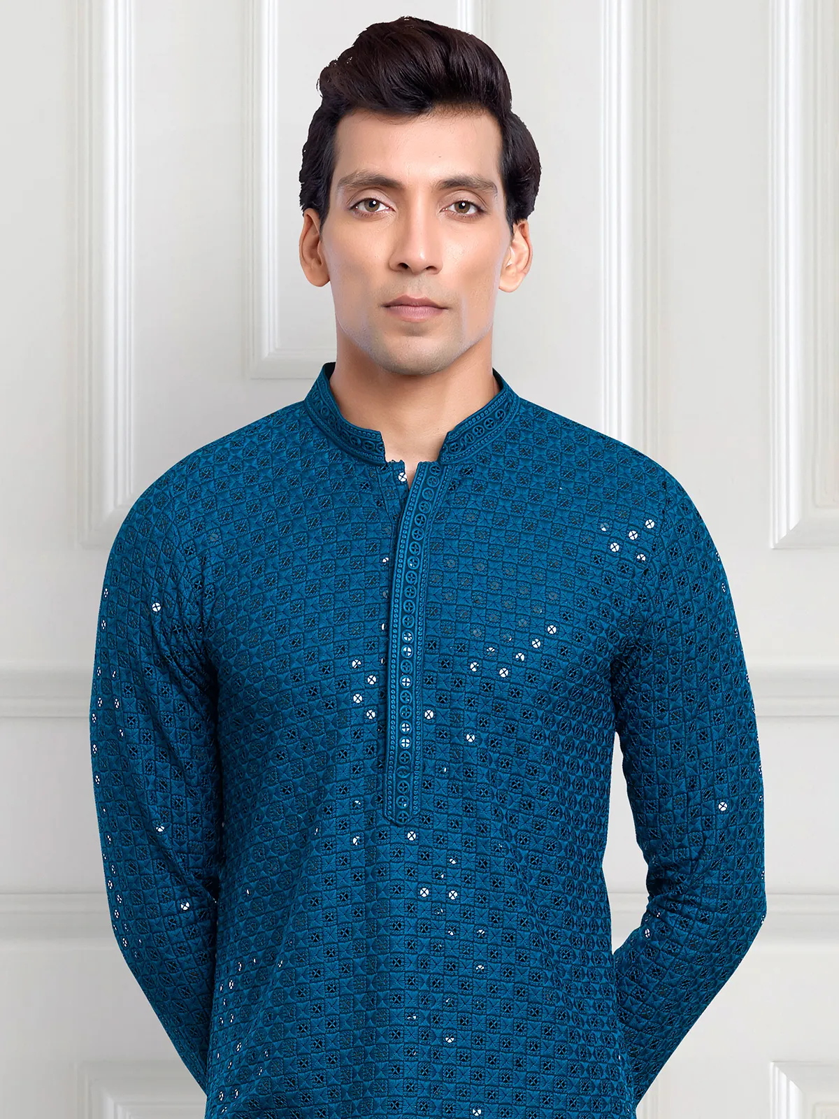 Blue embroidery  Men Kurta pajama for festive