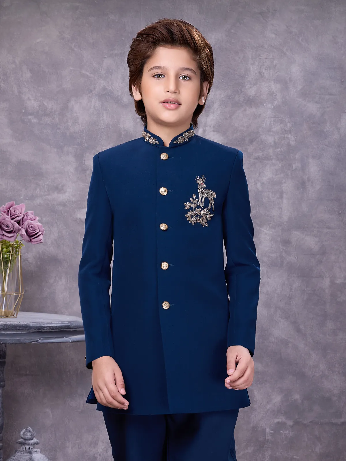 Blue jacquard ornate zardosi boys indowestern
