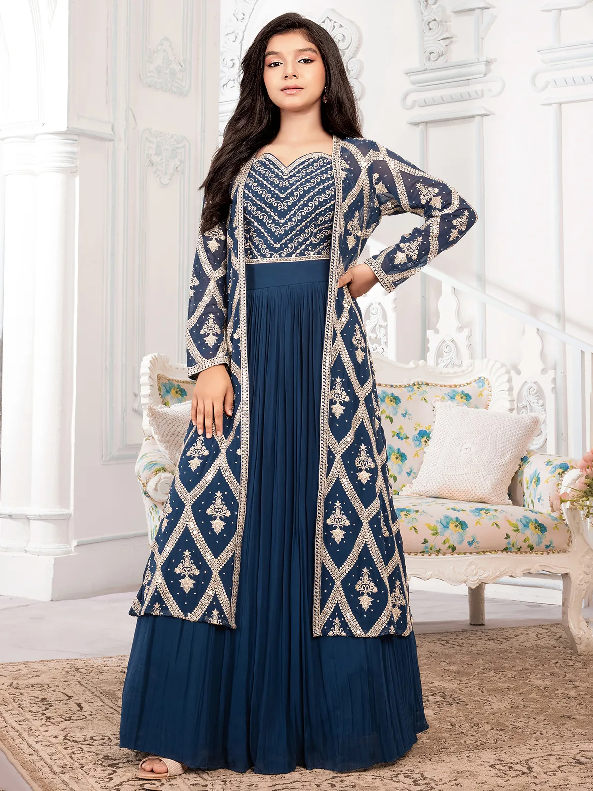 Blue lehenga choli with shrug for girls