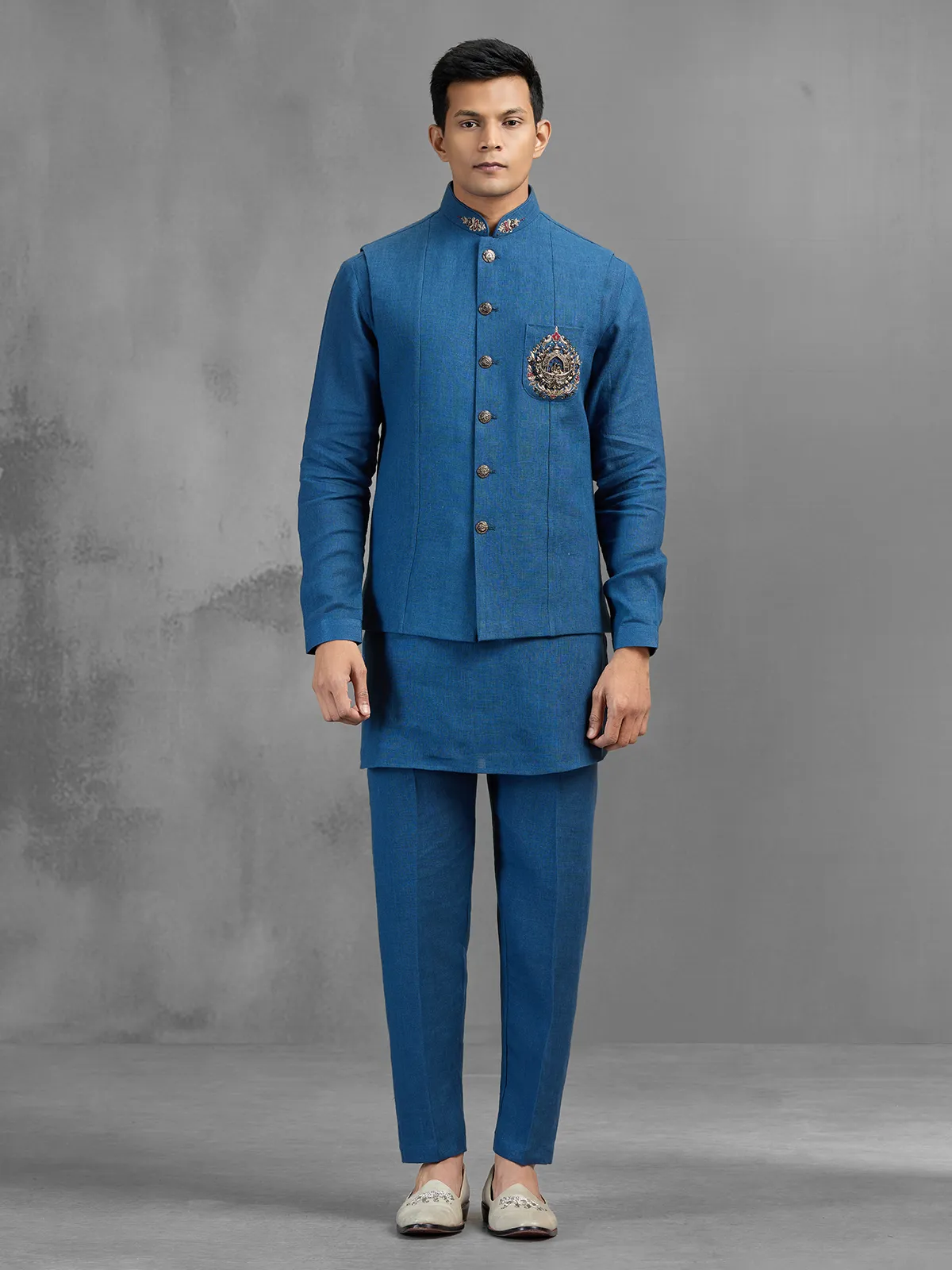 Blue linen ornate embroidered festive waistcoat kurta pant set