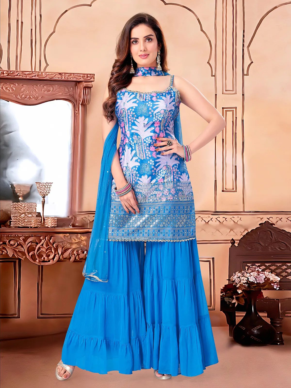 Blue printed sharara suit with choker dupatta