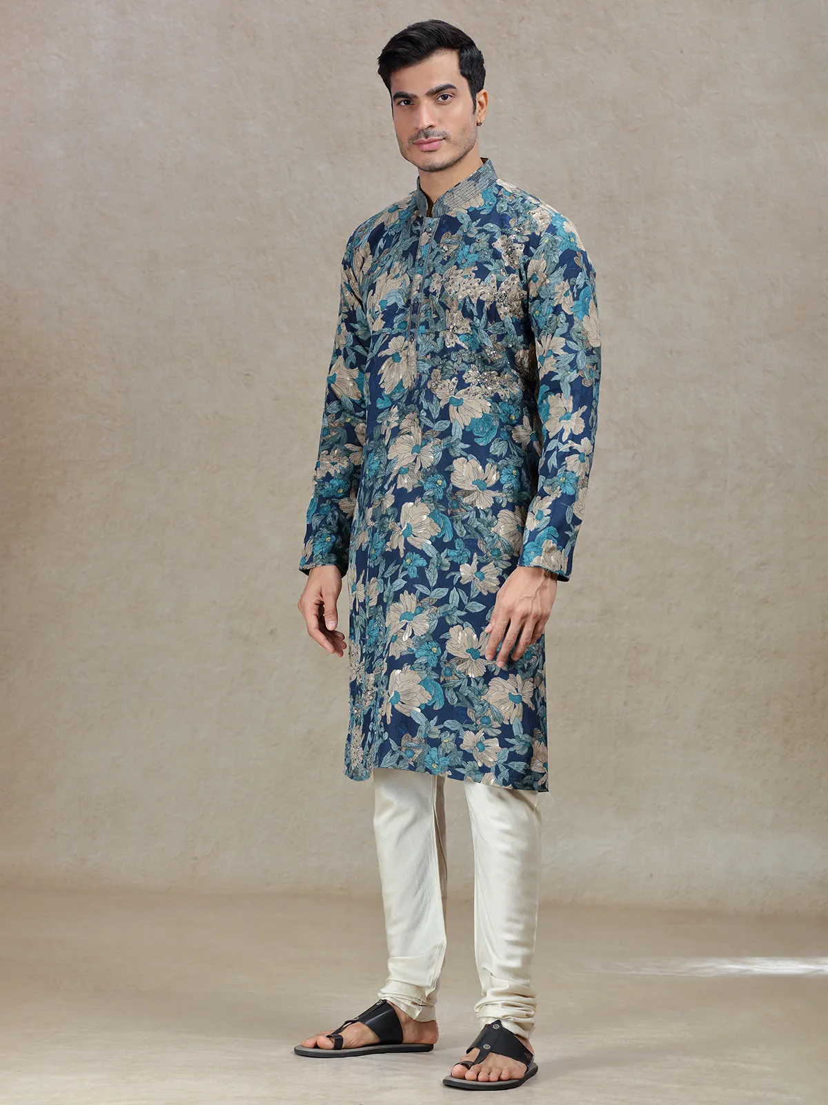 Blue regal elegance printed kurta suit in tussar silk