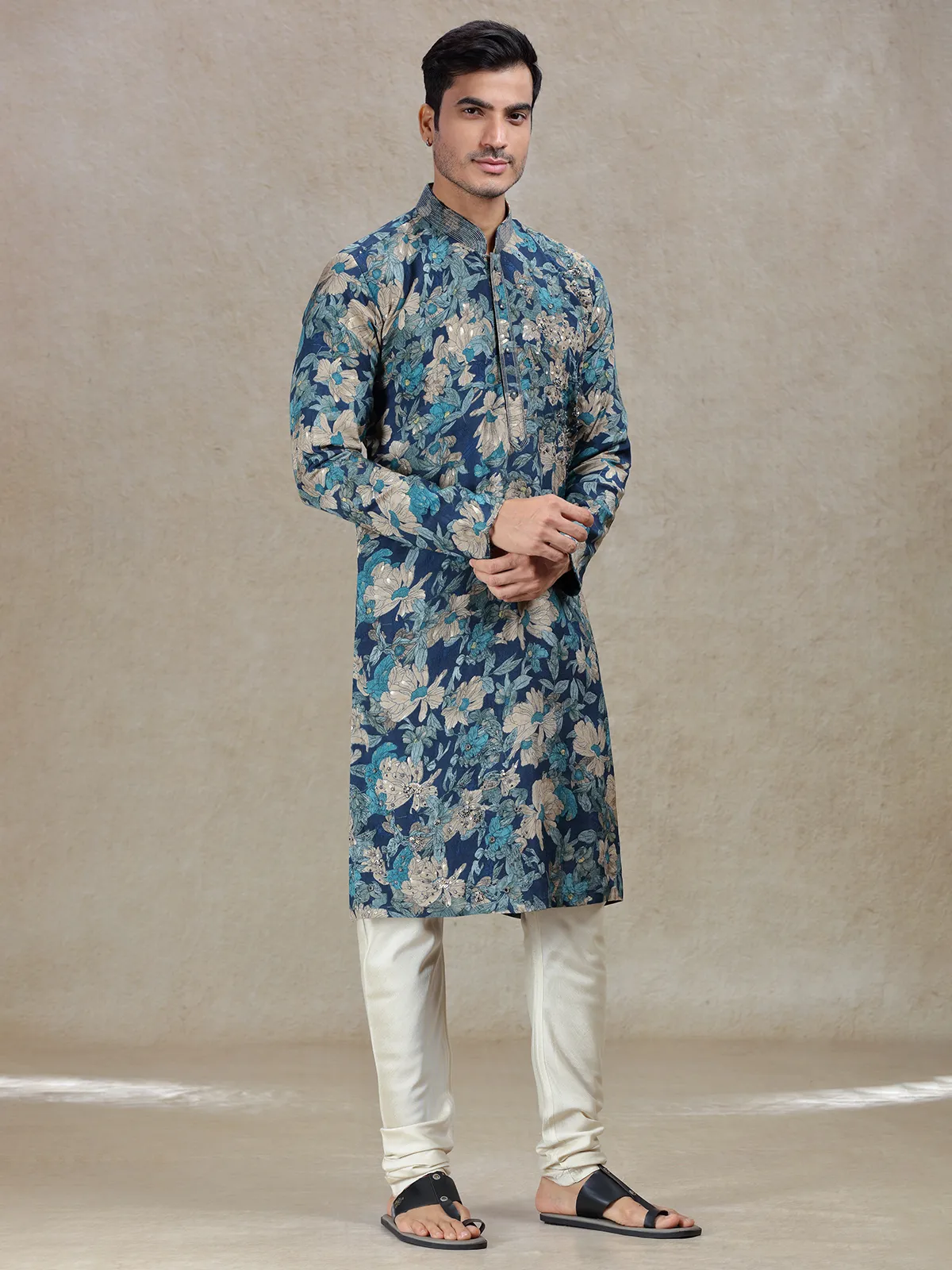 Blue regal elegance printed kurta suit in tussar silk