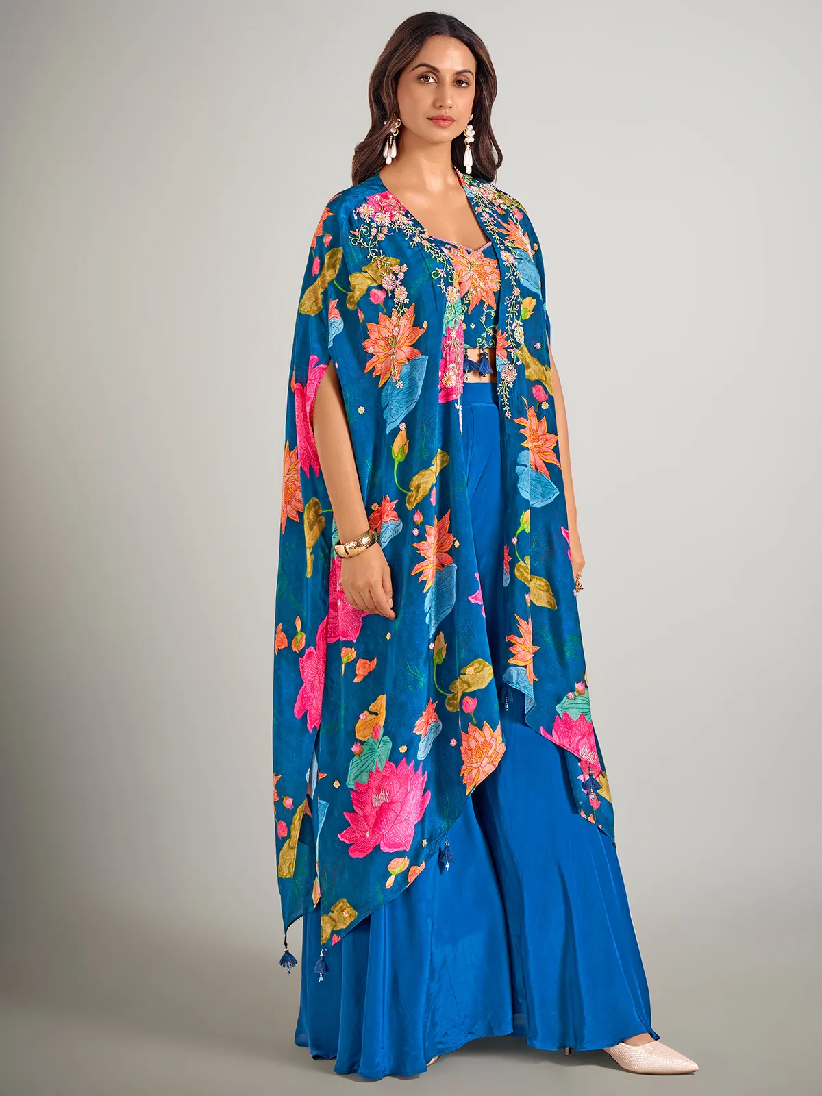 Blue satin silk palazzo suit with long jacket