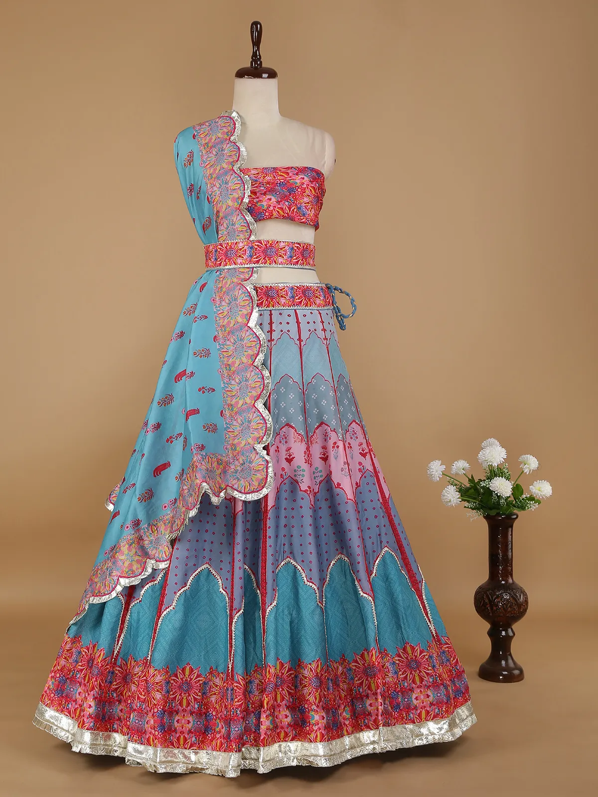 Blue shaded silk printed lehenga choli