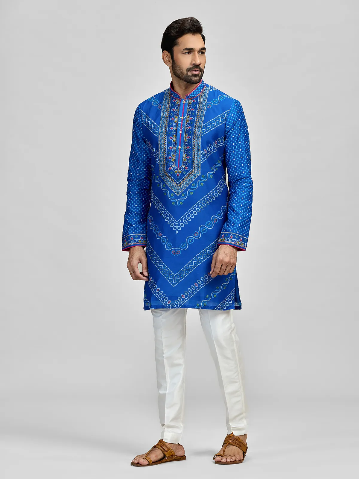 Blue silk bandhani aari and pitta kurta set
