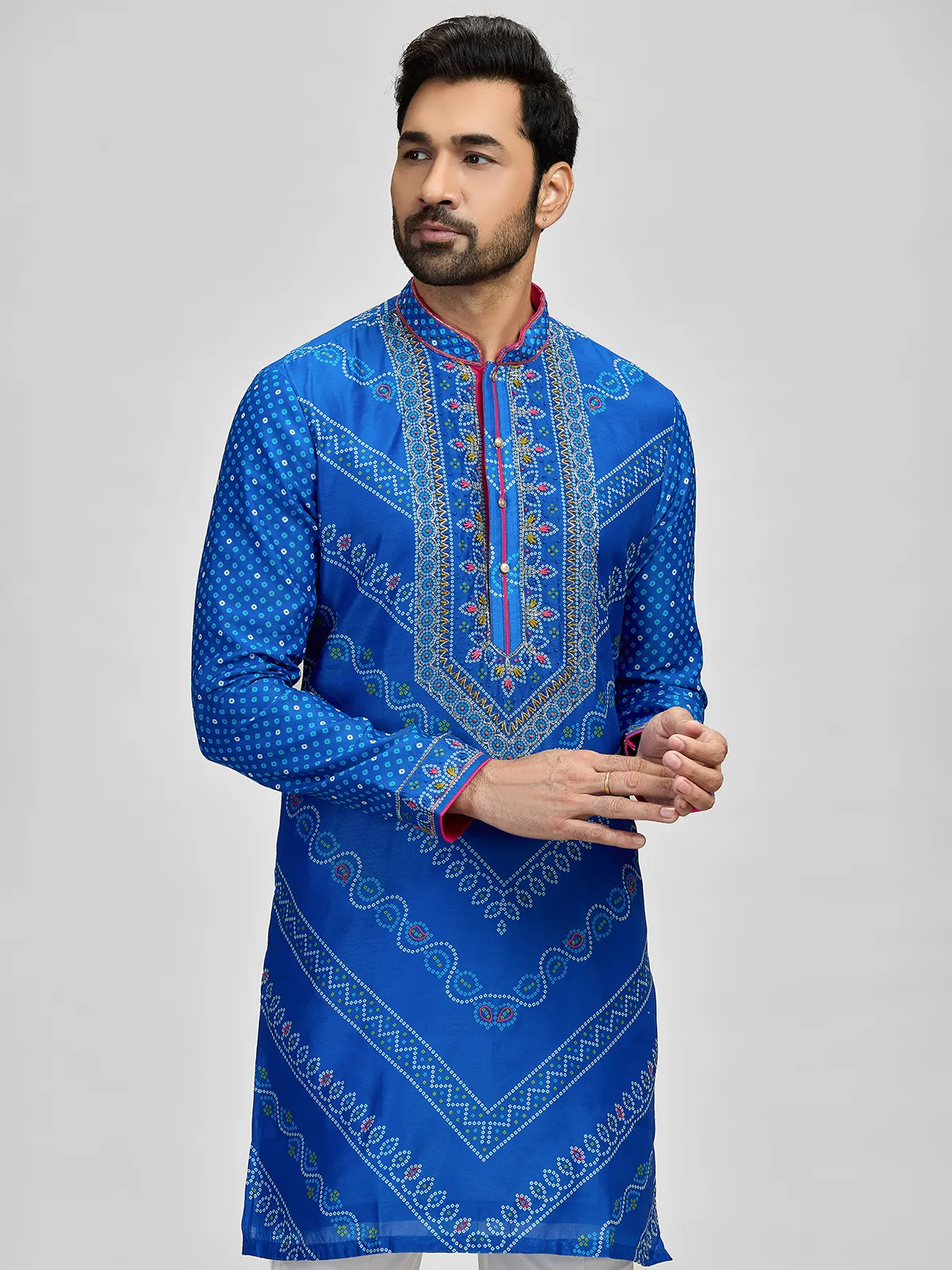 Blue silk bandhani aari and pitta kurta set