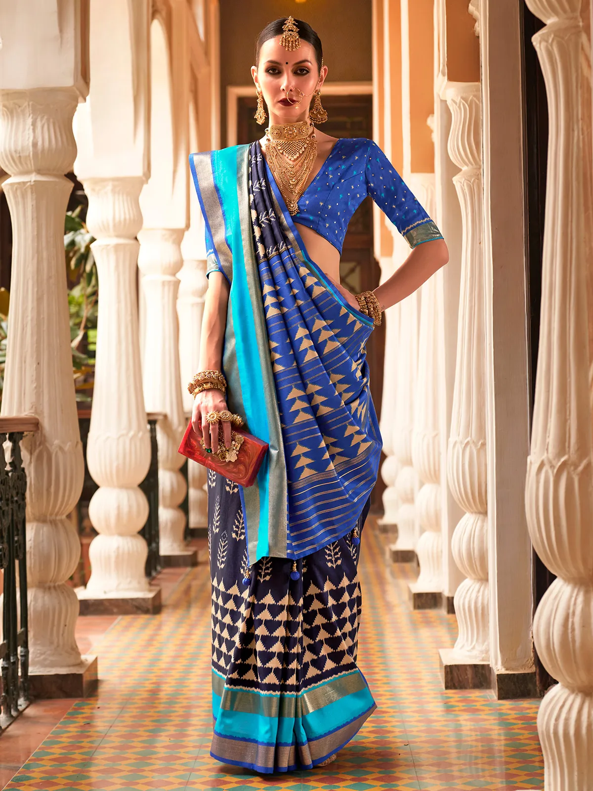 Blue silk patola printed wedding saree