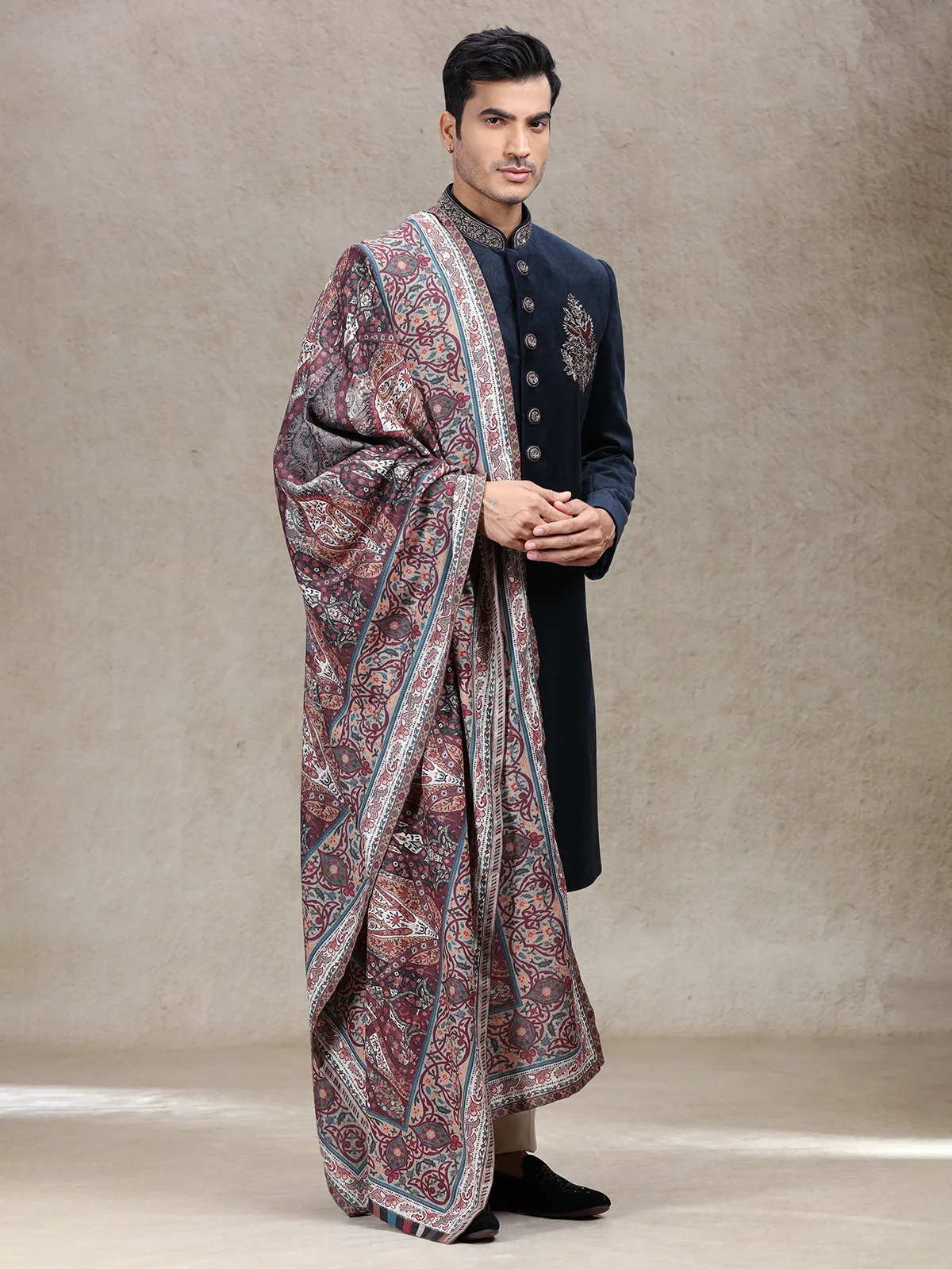 Blue velvet sherwani with vintage printed dupatta