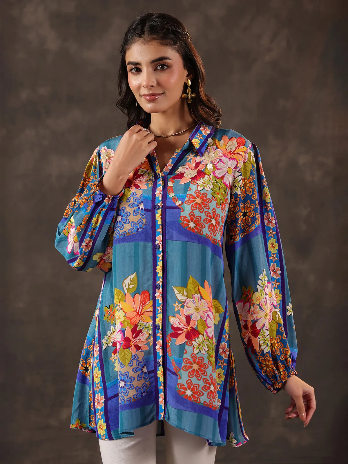 Blue viscose crepe printed casual short kurti