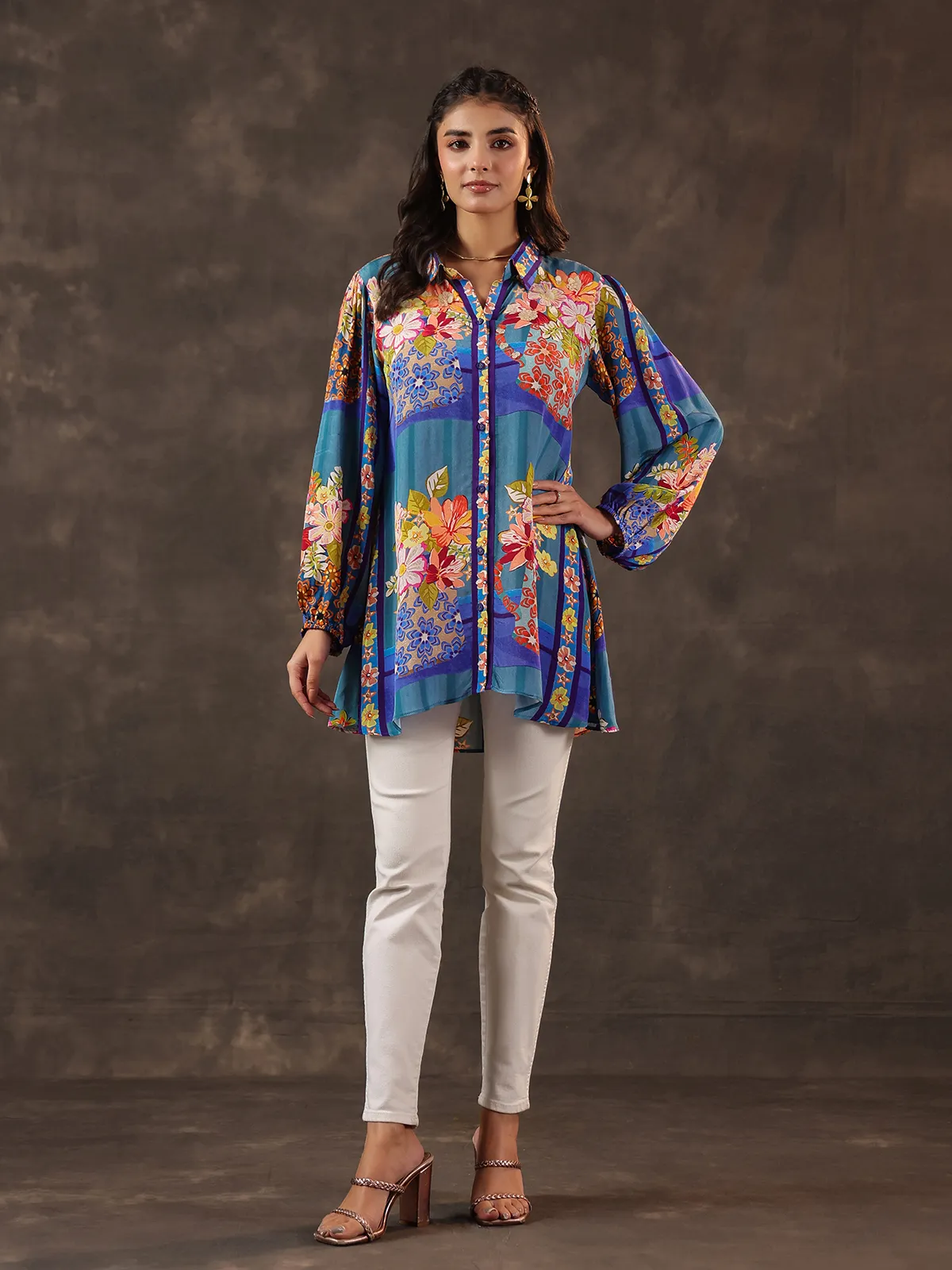 Blue viscose crepe printed casual short kurti