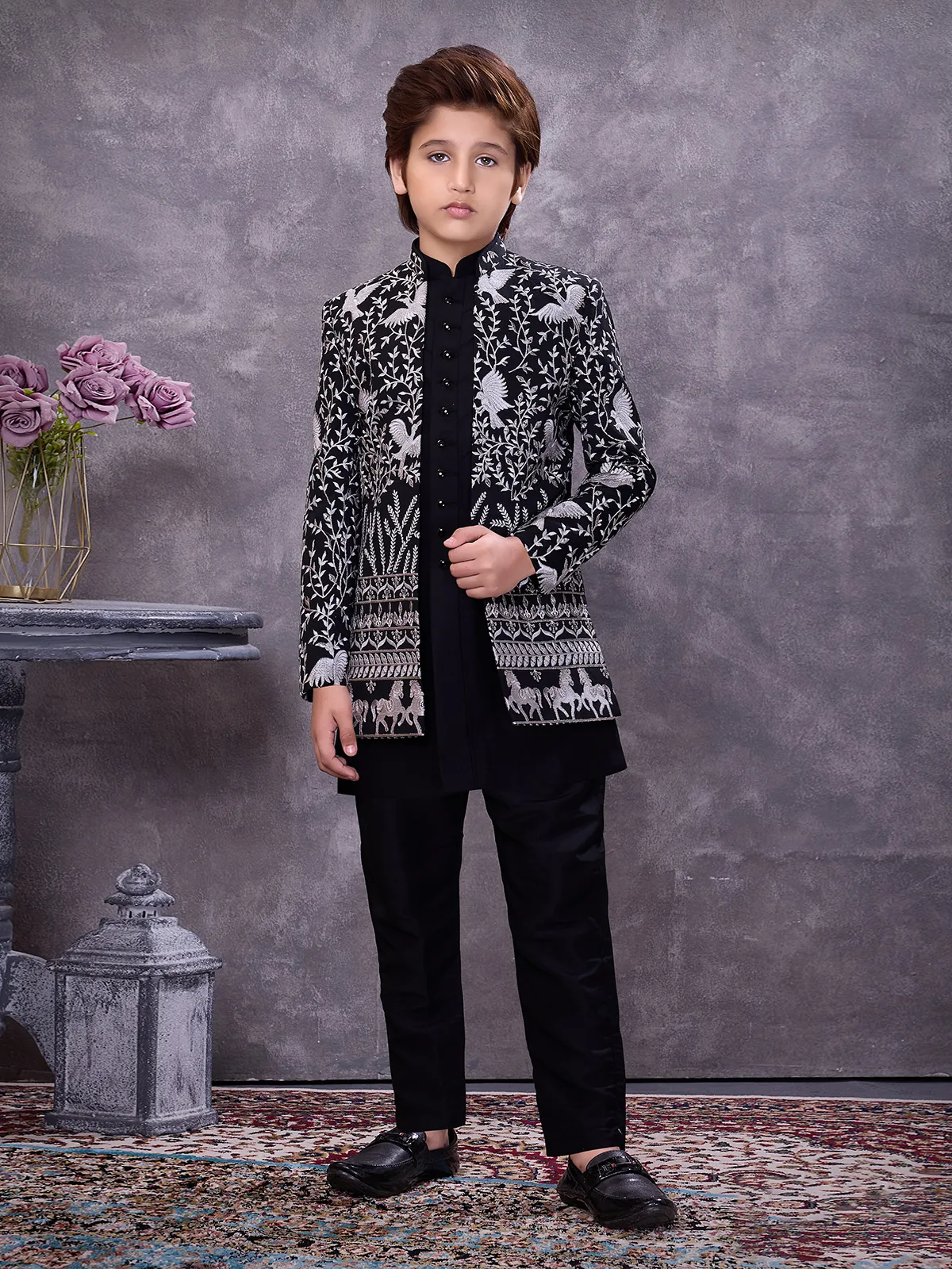 Bold black jacquard jacketed ethnic ensemble