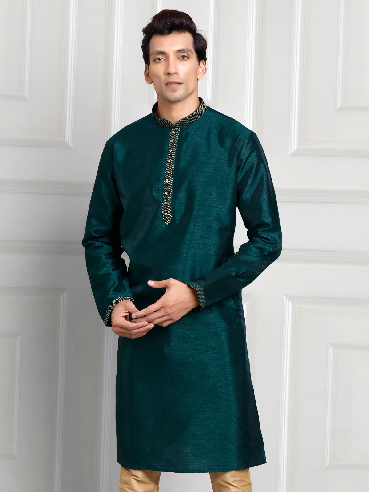 Bottle green art silk kurta suit