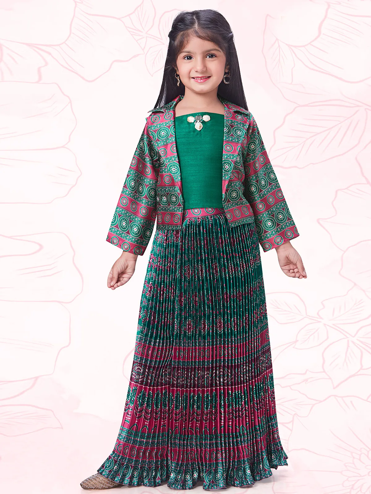 Bottle green crape silk printed lehenga choli