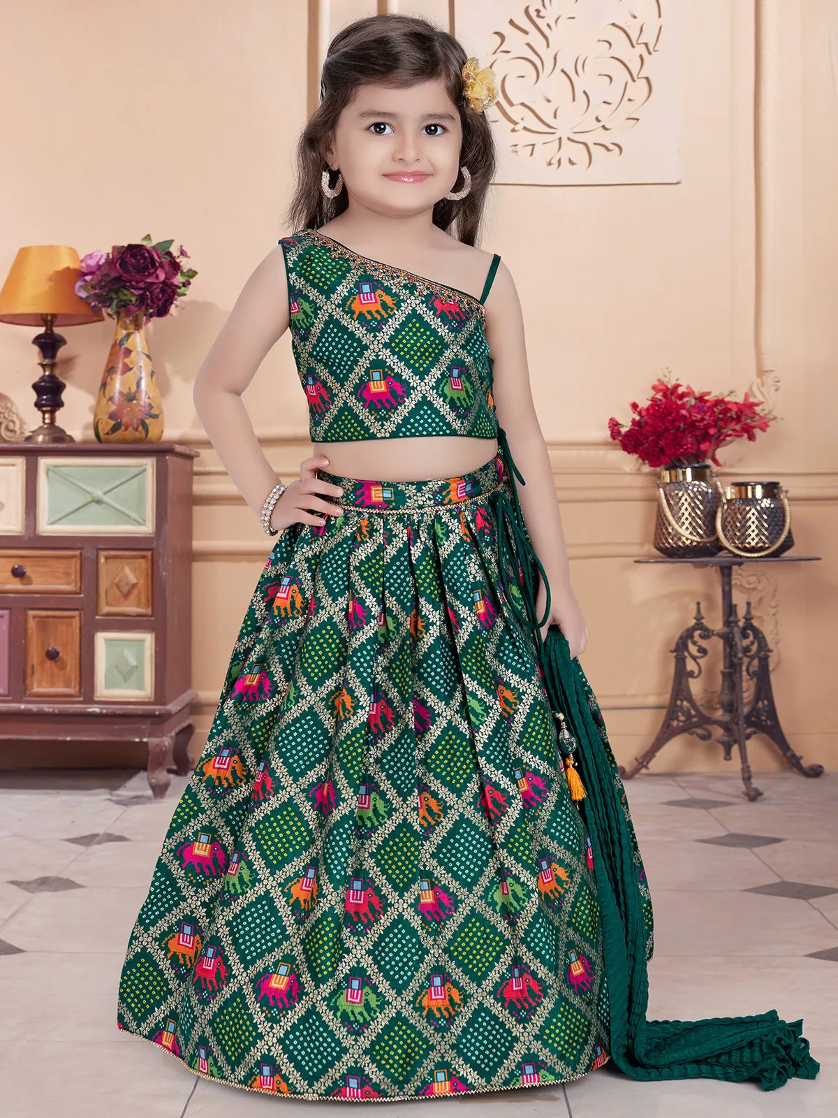 Bottle green georgette girls lehenga choli