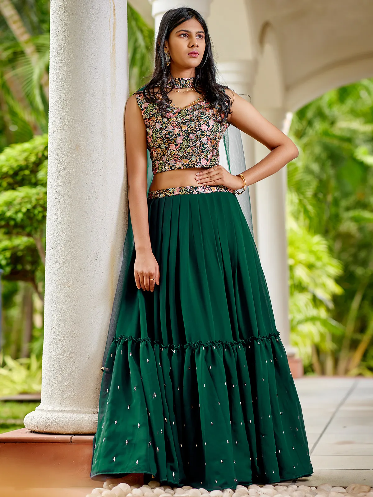 Bottle green georgette lehenga choli for girls