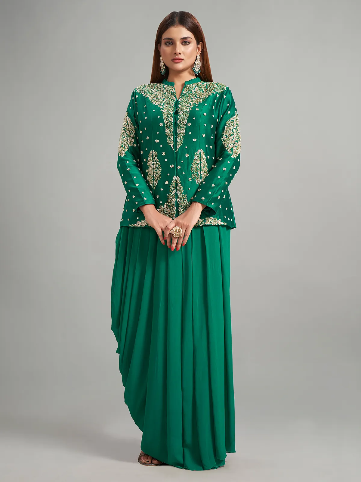 Bottle green silk indowestern suit