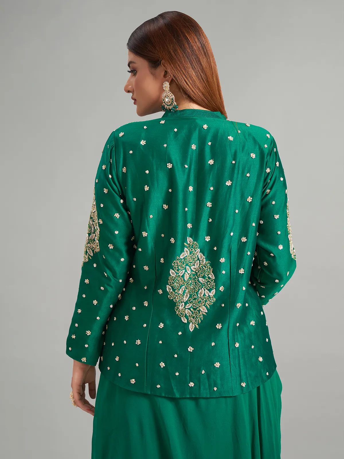 Bottle green silk indowestern suit