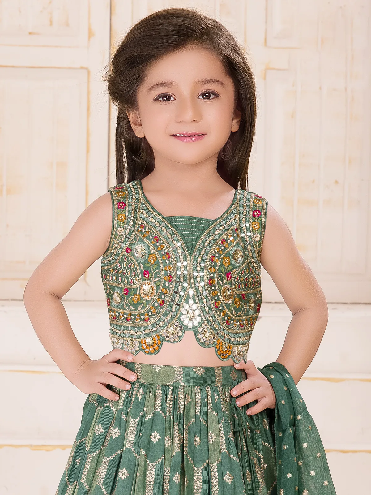 Bottle green silk lehenga choli for girls