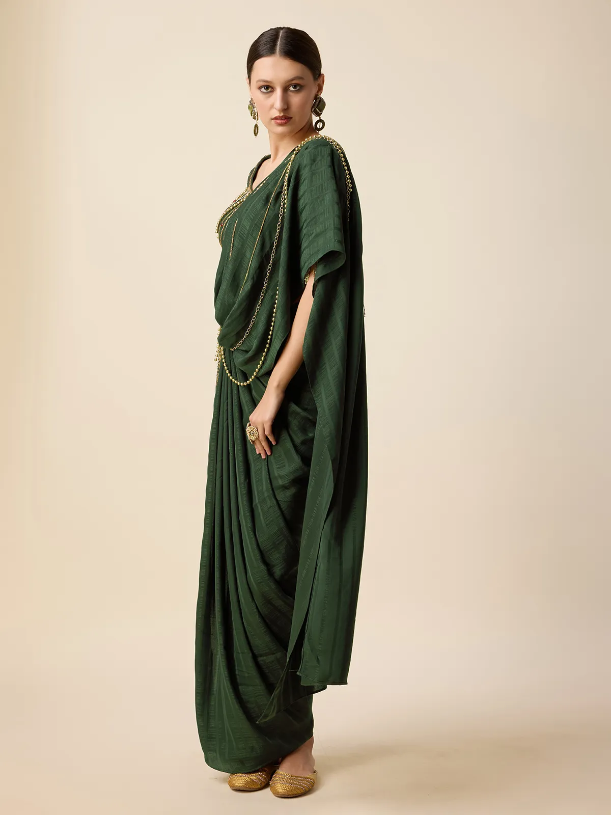 Bottle green silk pre-drape saree