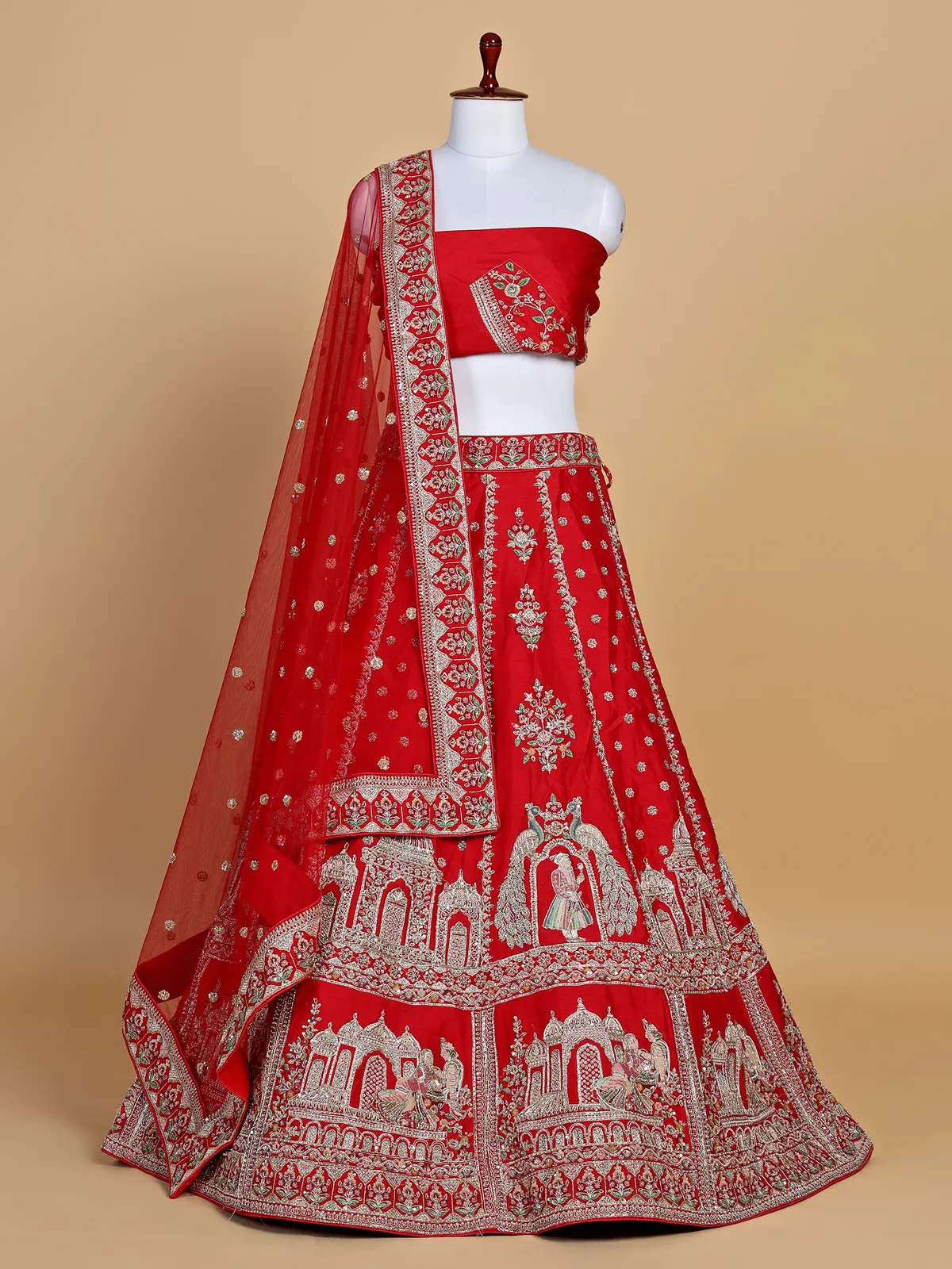 Bridal red unstitched lehenga choli in raw silk