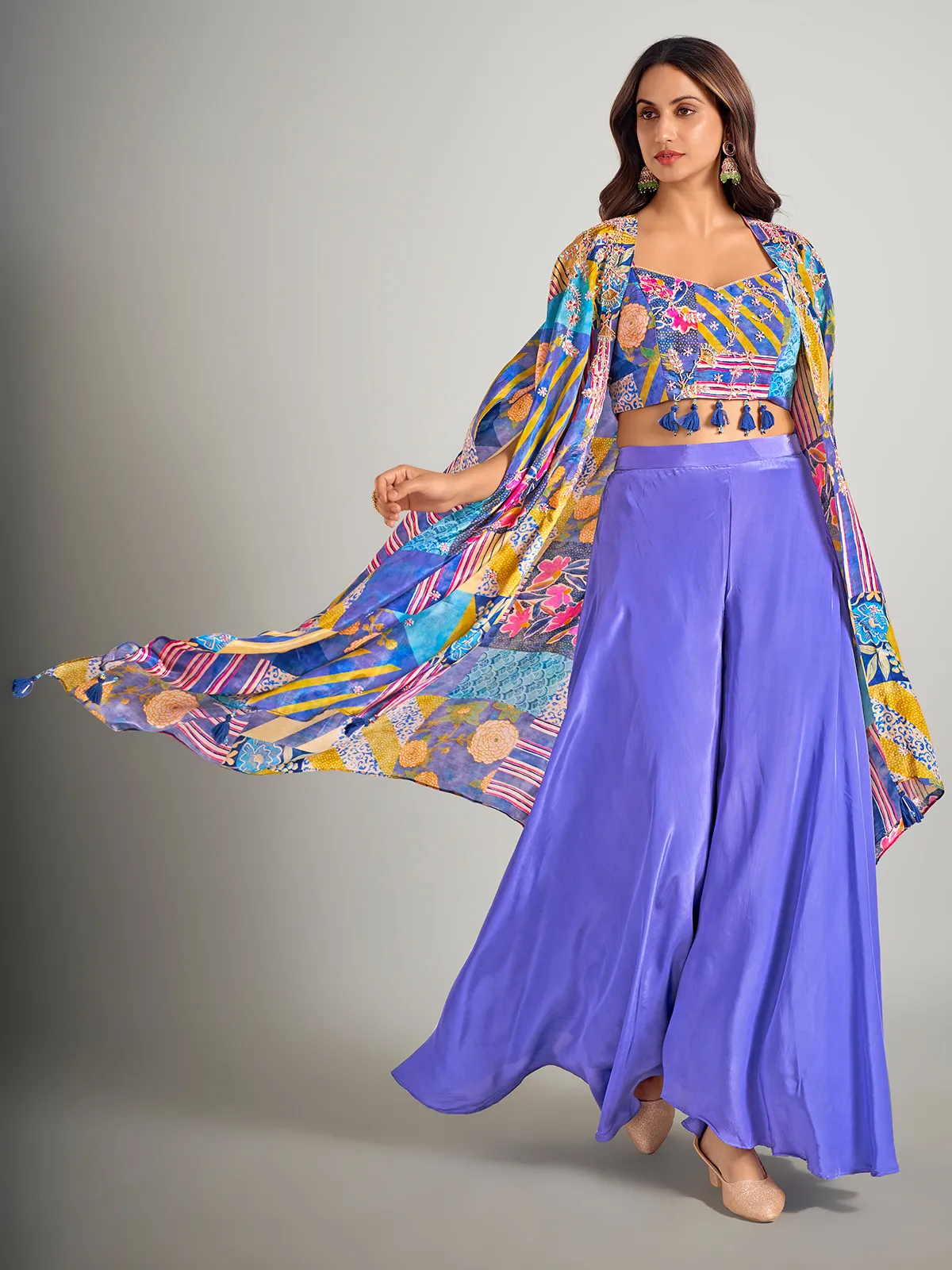 Bright lavender satin silk palazzo suit