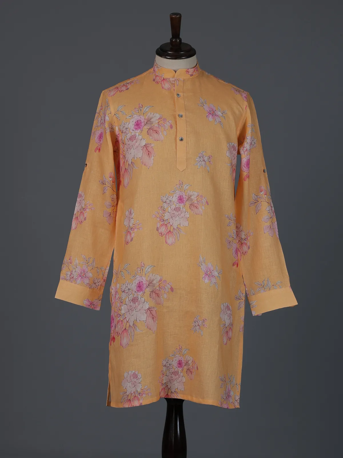 Bright peach cotton linen floral printed festive kurta