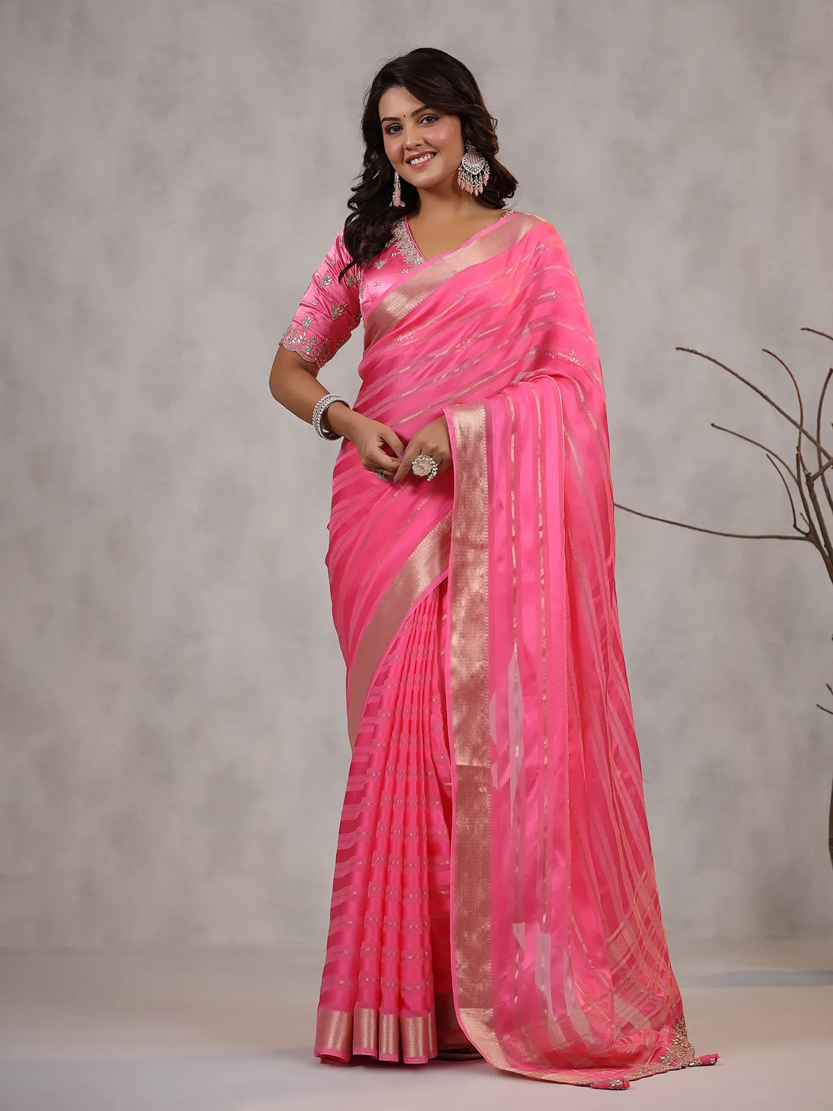 Bright pink soft organza saree