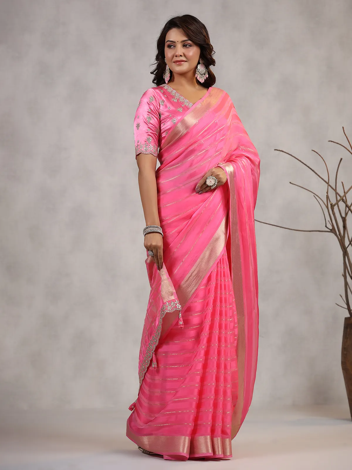 Bright pink soft organza saree