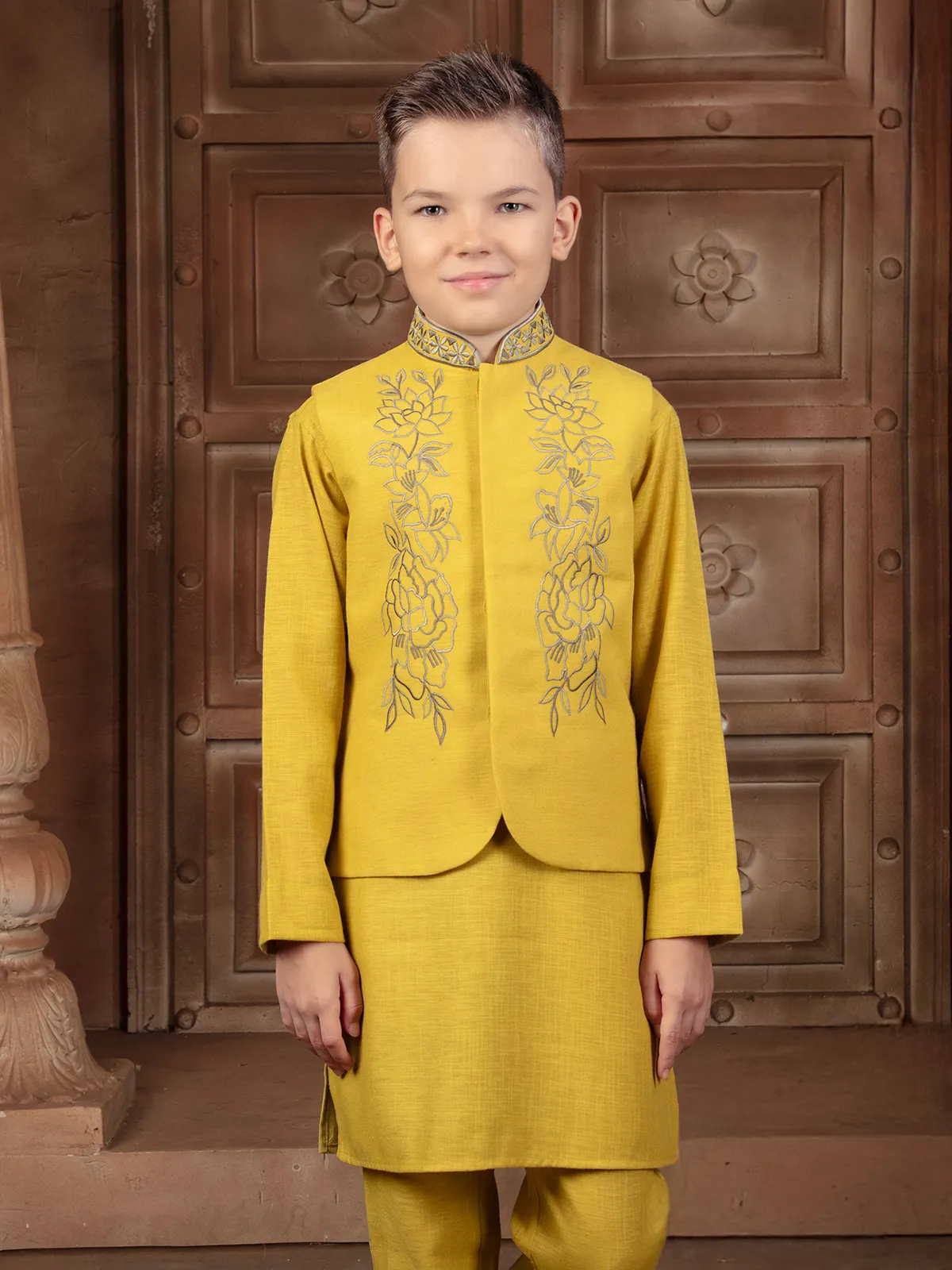 Bright yellow cotton silk waistcoat set for haldi flair