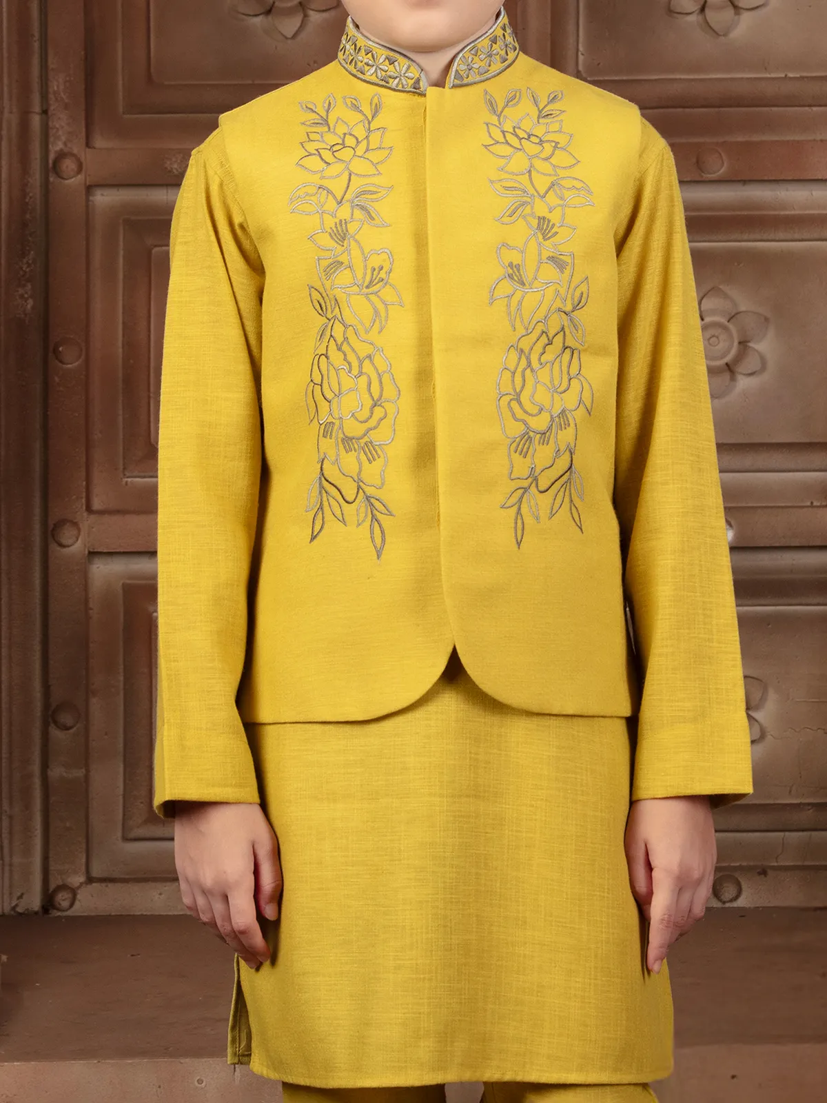 Bright yellow cotton silk waistcoat set for haldi flair