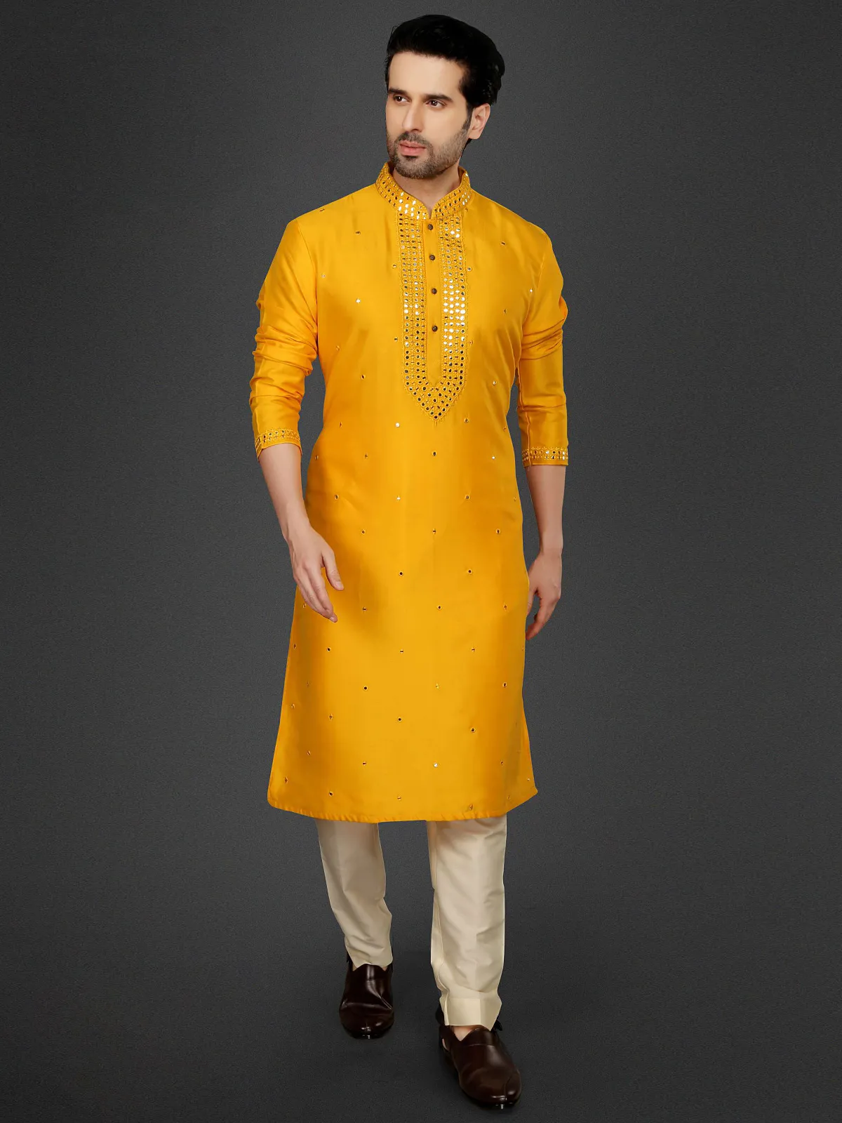 Bright yellow festive wear  Men Kurta pajama in cotton silk