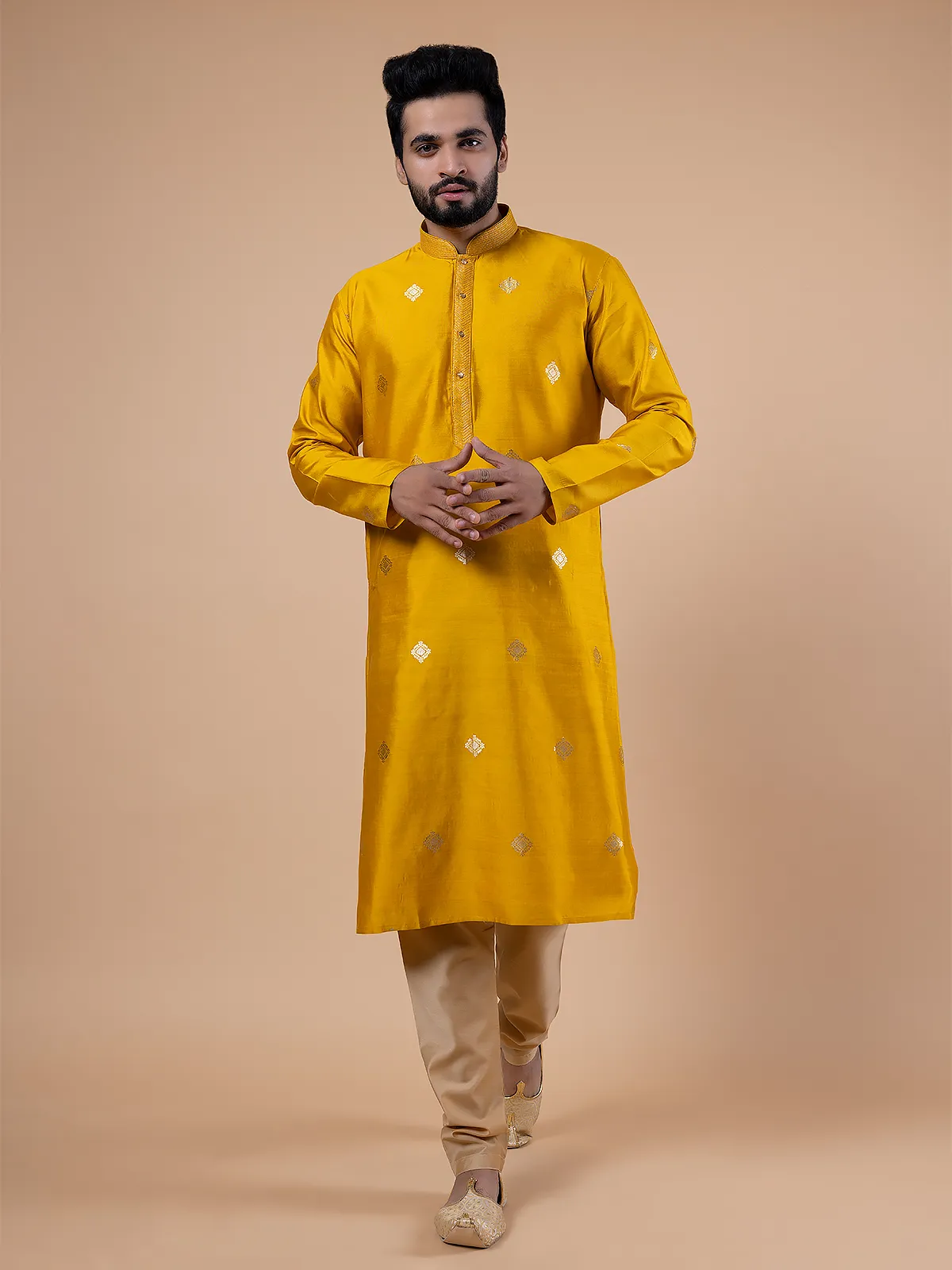 Bright yellow raw silk zari work  Men Kurta pajama