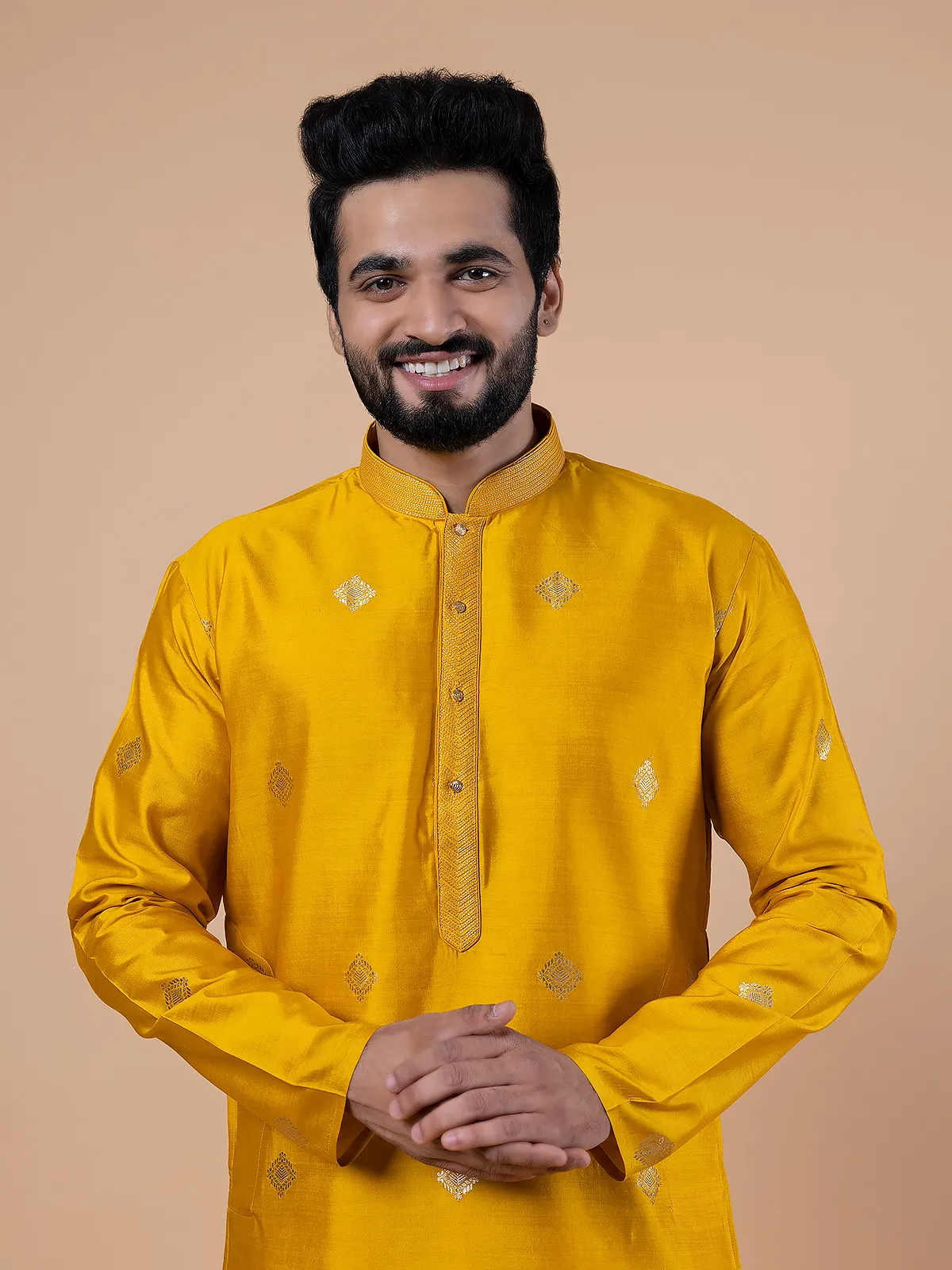 Bright yellow raw silk zari work kurta suit