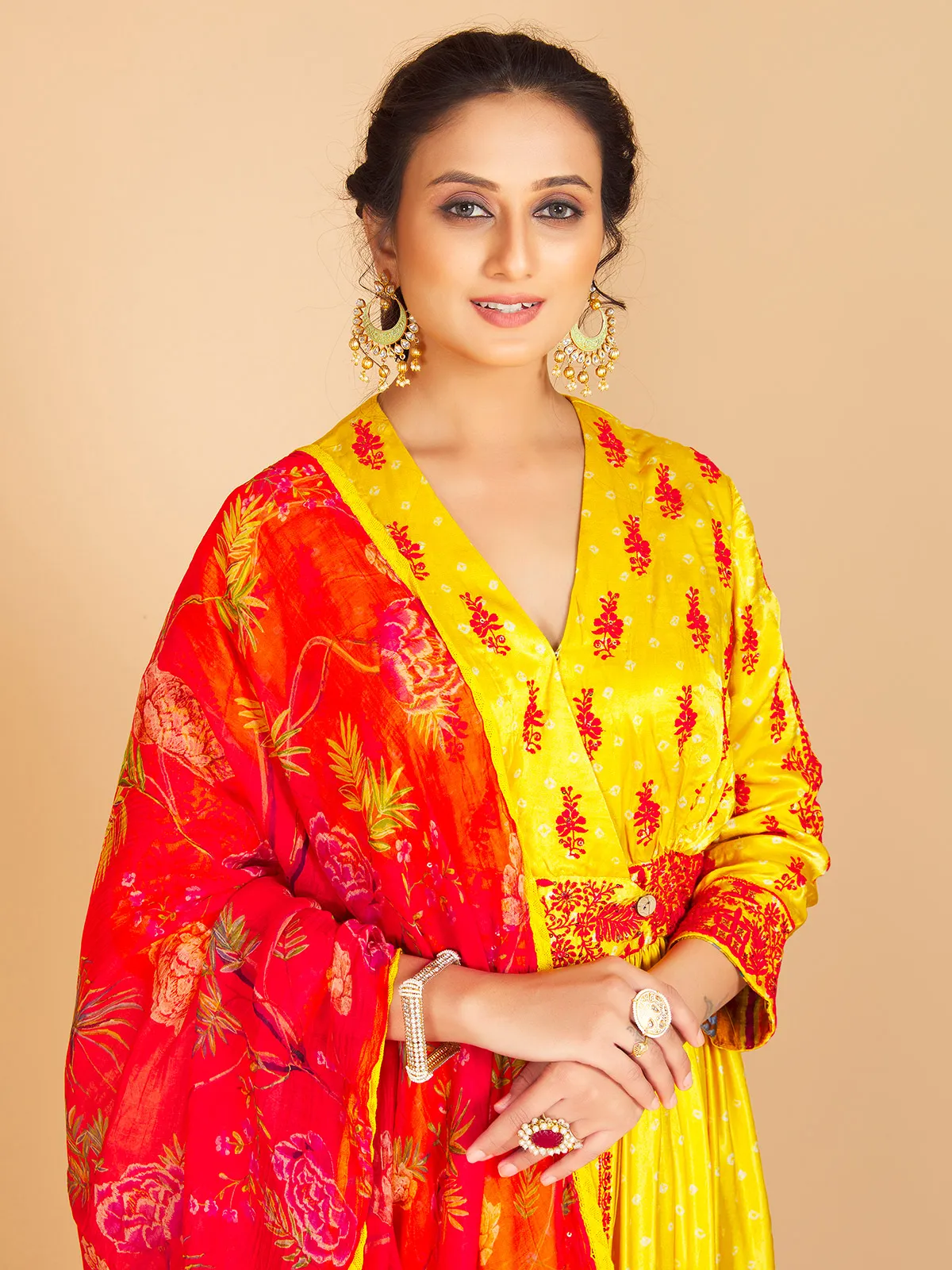 Bright yellow silk printed salwar suit