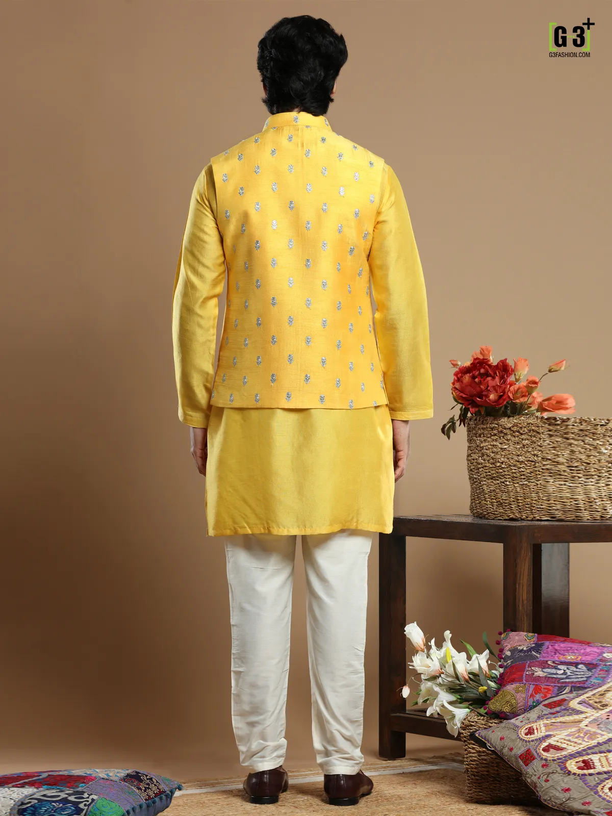 Bright yellow wedding cotton silk waistcoat set