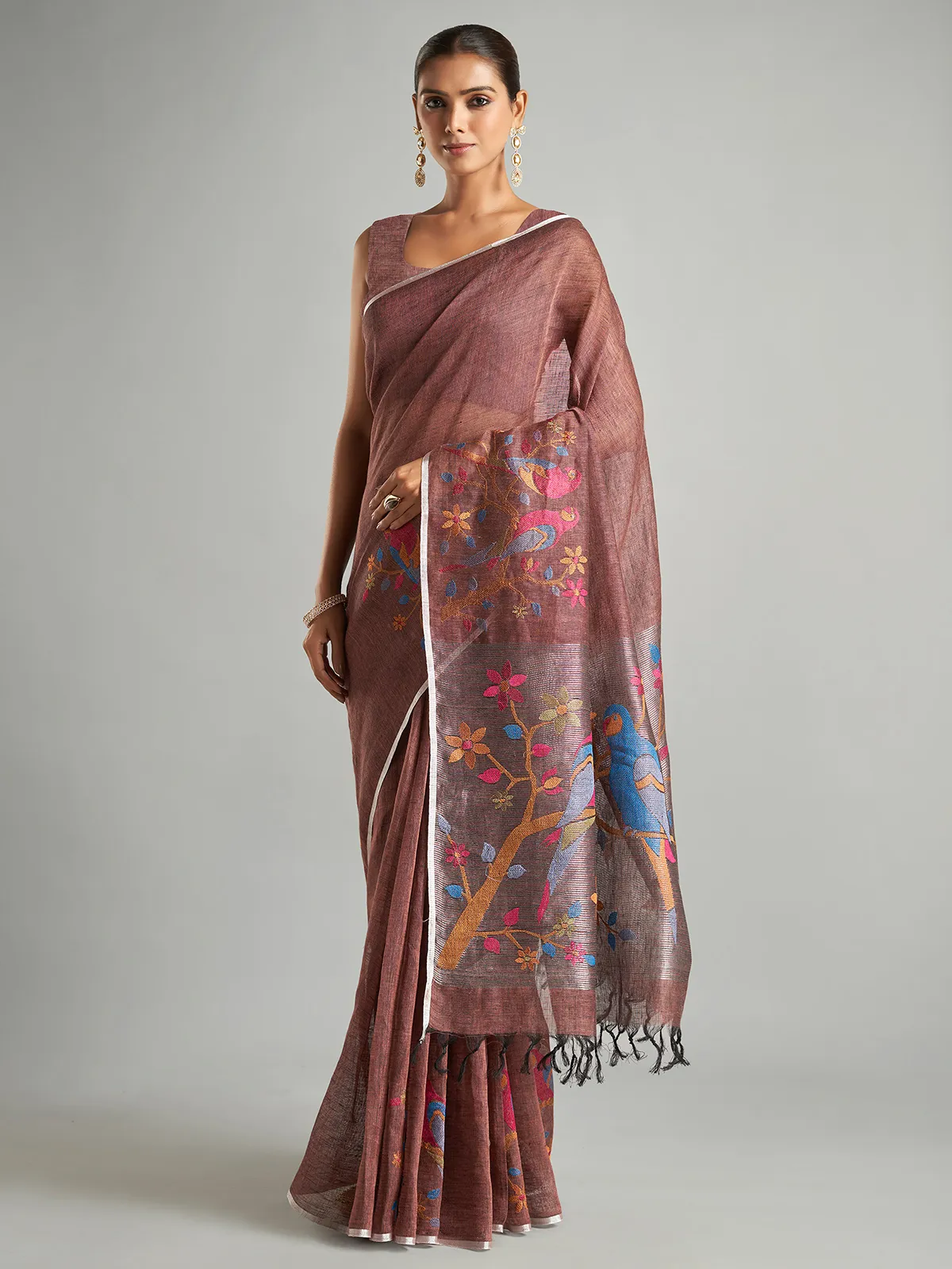 Brown cotton linen minakari saree