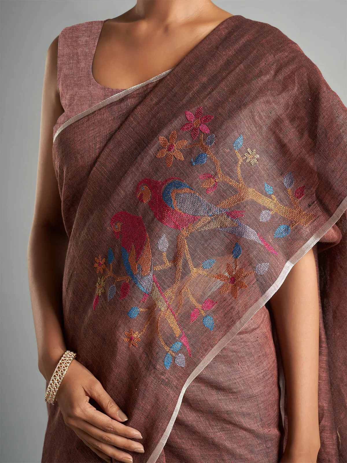 Brown cotton linen minakari saree